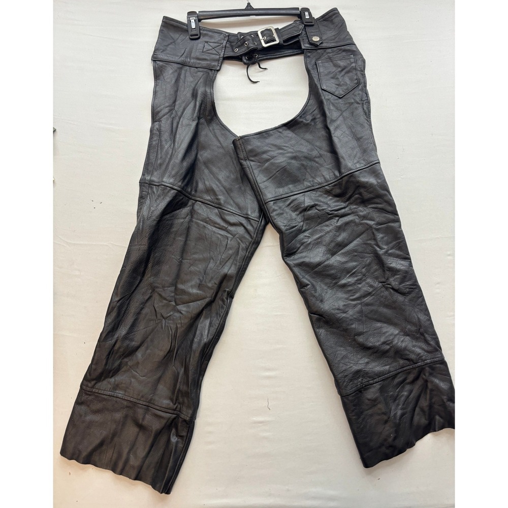 Diamond Plate Genuine Black Leather Motorcycle Chaps Mens Large Biker Gear